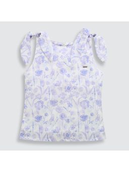 TINY GIRL - White and Purple Shoulder Tie-Up Floral Printed Top