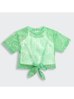 TINY GIRL - Green Floral Printed Net Layered Tie-Up Top with Solid Inner