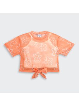 TINY GIRL - Orange Floral Printed Net Layered Tie-Up Top with Solid Inner