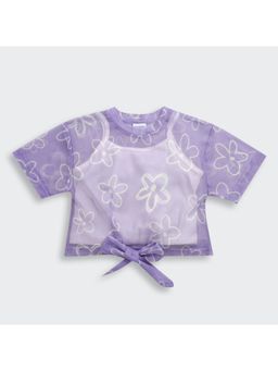 TINY GIRL - Purple Floral Printed Net Layered Tie-Up Top with Solid Inner