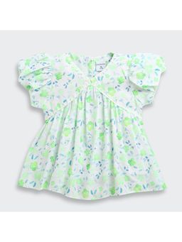 TINY GIRL - White and Green Cotton Ruffled Sleeves Floral Printed Top