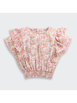 TINY GIRL - Peach Ruffled Detail Printed Smocked Top