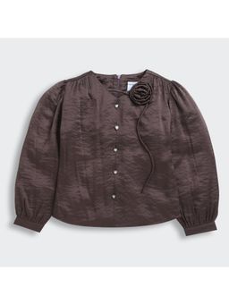 TINY GIRL - Chocolate Brown Corsage Detail Puff Sleeves Top