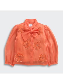 TINY GIRL - Orange Puff Sleeves Floral Detail Tie Up Neck Shirt