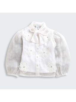TINY GIRL - White Puff Sleeves Floral Detail Tie Up Neck Shirt