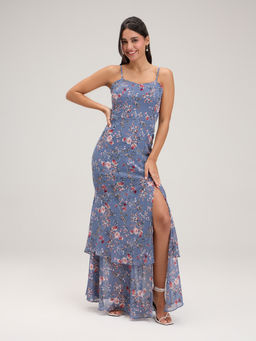 Twenty Dresses by Nykaa Fashion - Grey Floral Sweetheart Neck Maxi Dress