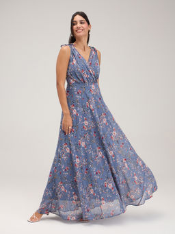 Twenty Dresses by Nykaa Fashion - Grey V-Neck Floral Sleeveless Maxi Dress