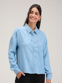 Twenty Dresses by Nykaa Fashion - Blue Solid Everyday Full Sleeves Denim Shirt