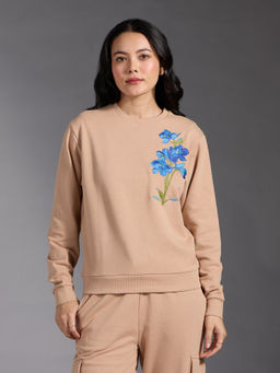 Twenty Dresses by Nykaa Fashion - Beige Embroidered Crew Neck Full Sleeves Sweatshirt