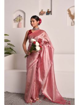 Sutra Attire - Rose Pink Tissue Saree with Unstitched Blouse