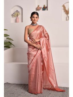 Sutra Attire - Rouge Coral Tissue Saree with Unstitched Blouse