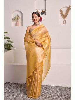 Sutra Attire - Mustard Yellow Tissue Saree with Unstitched Blouse