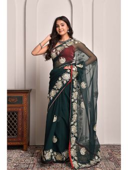 Sutra Attire - Regal Green Gota Embroidered Chiffon Saree with Unstitched Blouse