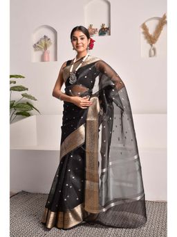 Sutra Attire - Black Elegant Banarasi Tissue Saree with Unstitched Blouse