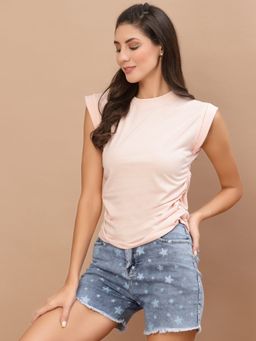 KASSUALLY - Pink Cap Sleeves Pure Cotton Solid Regular Top