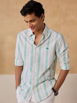 Andamen - Men Green Stripe Cotton Slim Full Sleeve Shirt