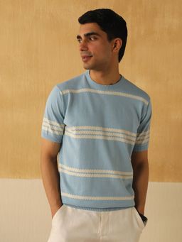 Andamen - Regular Fit Men Blue Melange Cotton Structure Crew Neck T-Shirt