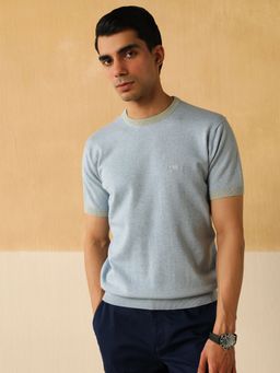 Andamen - Regular Fit Men Blue Melange Cotton Single Jersey Crew Neck T-Shirt