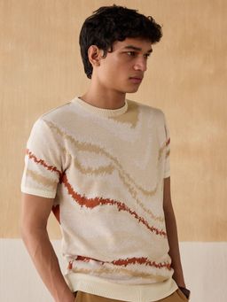 Andamen - Regular Fit Men Beige Jacquard Cotton Jacquard Crew Neck T-Shirt