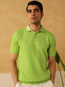 Andamen - Regular Fit Men Green Texture Cotton Structure Polo T-Shirt