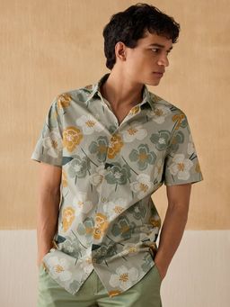 Andamen - Men Olive Print Cotton Twill Slim Half Sleeve Shirt