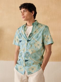 Andamen - Men Green Print Cotton Twill Slim Half Sleeve Shirt