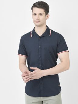 CRIMSOUNE CLUB - Mens Striped Collar Navy Blue Shirt