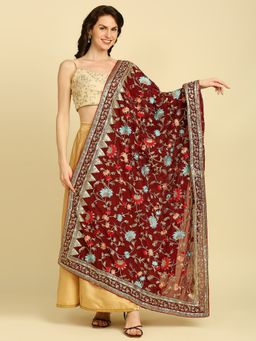 Dupatta Bazaar - Womens Maroon & Multi-Color Embroidered Georgette Dupatta