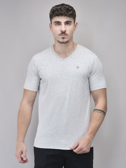 WOODLAND - Men Grey Solid V-Neck T-Shirt