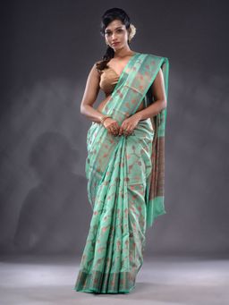 CHARUKRITI - Mint Green Handwoven Banarasi Silk Saree With Unstitched Blouse