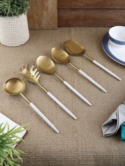 VarEesha - Radiant White Handle Gold Steel Serving Spoons Set of Five