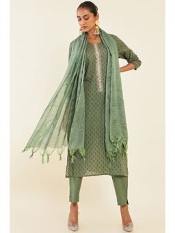 Soch - Women Olive Cotton Geometric Suit (Set of 3)