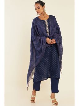 Soch - Women Navy Blue Cotton Geometric Suit (Set of 3)