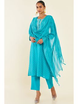 Soch - Women Turquoise Cotton Floral Suit (Set of 3)