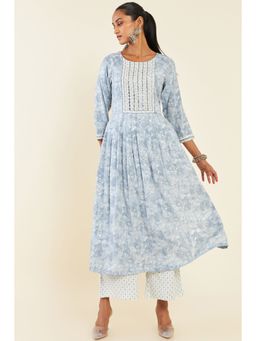 Soch - Women Blue Rayon Printed Kurta (Set of 2)