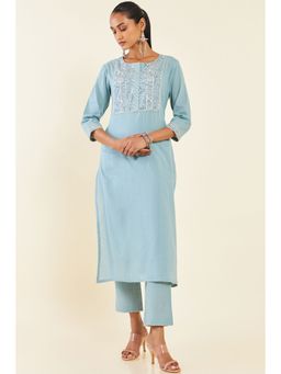Soch - Women Blue Cotton Embroidered Kurta (Set of 2)