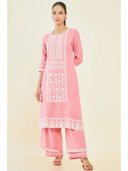 Soch - Women Pink Rayon Embroidered Kurta (Set of 2)