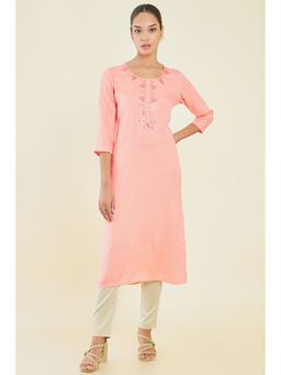 Soch - Women Peach Rayon Embroidered Kurta