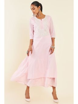 Soch - Women Pink Cotton Embroidered Dress Kurta