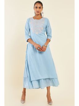 Soch - Women Blue Cotton Embroidered Dress Kurta