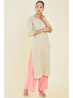 Soch - Women Beige Rayon Embroidered Kurta