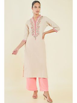 Soch - Women Beige Rayon Embroidered Kurta