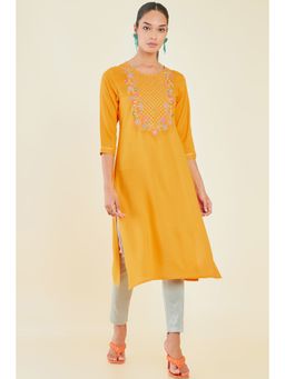 Soch - Women Yellow Rayon Embroidered Kurta