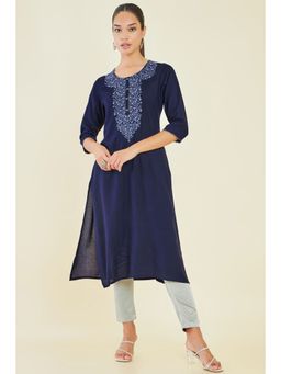 Soch - Women Navy Blue Rayon Embroidered Kurta