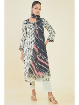Soch - Cream Muslin Floral Embroidered And Printed Unstitched Dress Material With Black Floral Printed Dupatta - 3 Meter Kurta Fabric