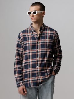 The Bear House - Men Navy Blue Checked Slim Fit Cotton Casual Shirt