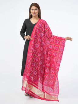 Hella Fashions - Pink Gajji Silk Bandhej Printed Dupatta