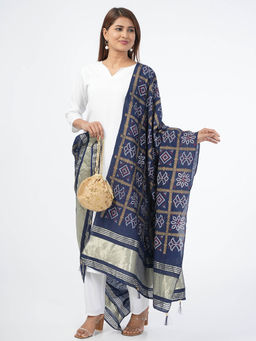 Hella Fashions - Navy Blue Gajji Silk Bandhej Printed Dupatta