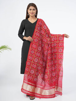 Hella Fashions - Red Gajji Silk Bandhej Printed Dupatta