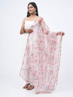 Hella Fashions - Pink Organza Floral Dupatta